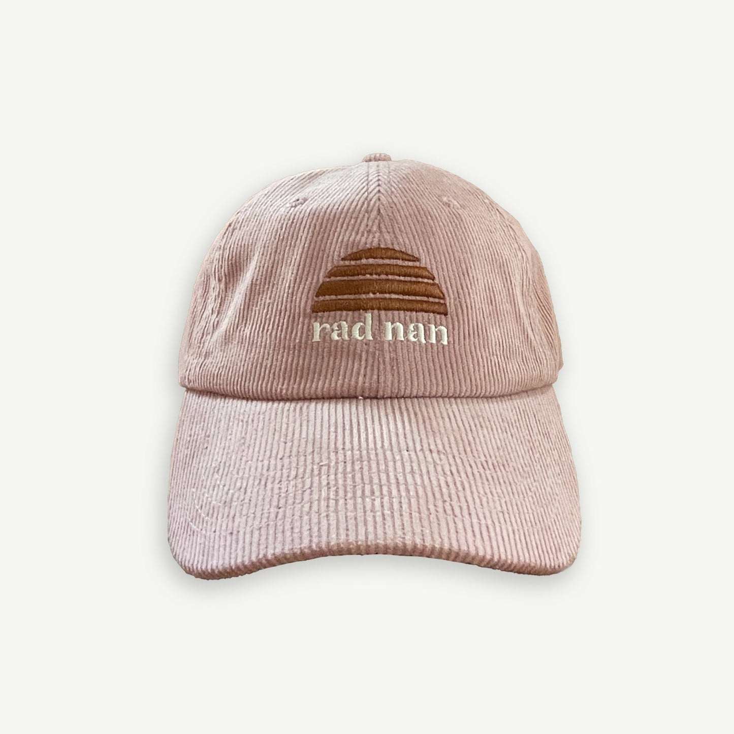 Rad Nan  Corduroy pink cap with embroidered Banabae sun logo in brown and rad nan embroidered underneath