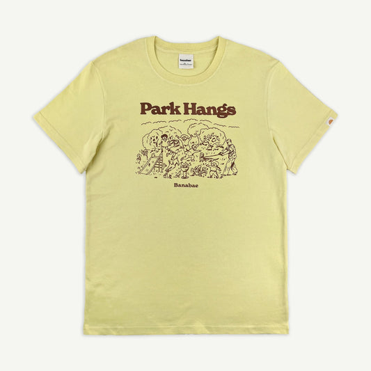 lemon tee shirt with merlot coloured park hangs graphic by Luke Player