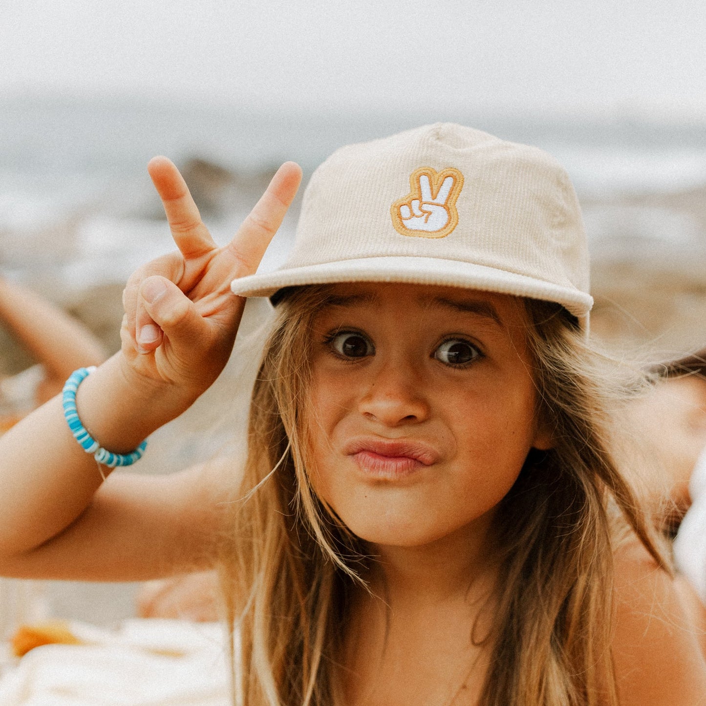 Peace Pinch Front Cord Kids Cap - Ecru